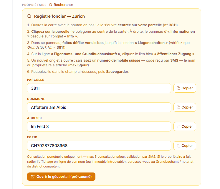 La fiche du bien avec l'accès au propriétaire par le document officiel du registre foncier.
