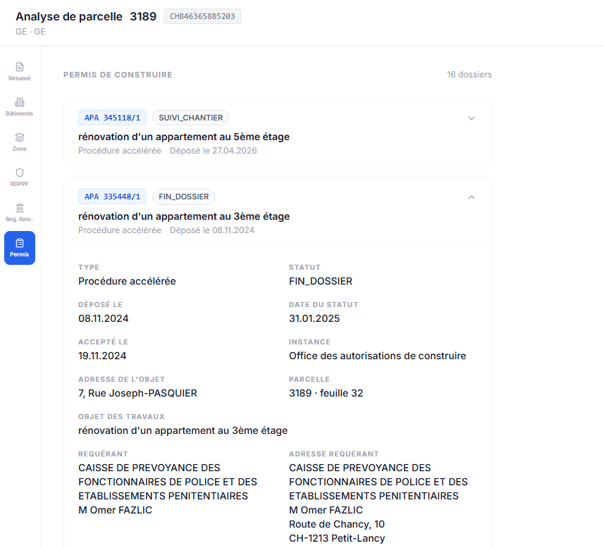 Historique des permis déposés sur la parcelle et son voisinage, avec type, statut, dates et requérant.